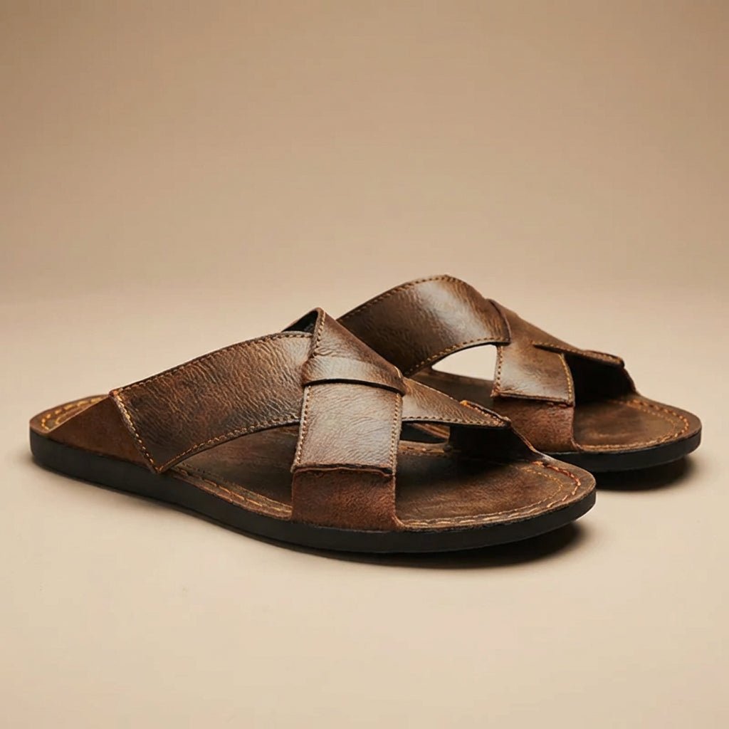 Men's Leather Cross-Strap Slide Sandals