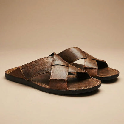Men's Leather Cross-Strap Slide Sandals