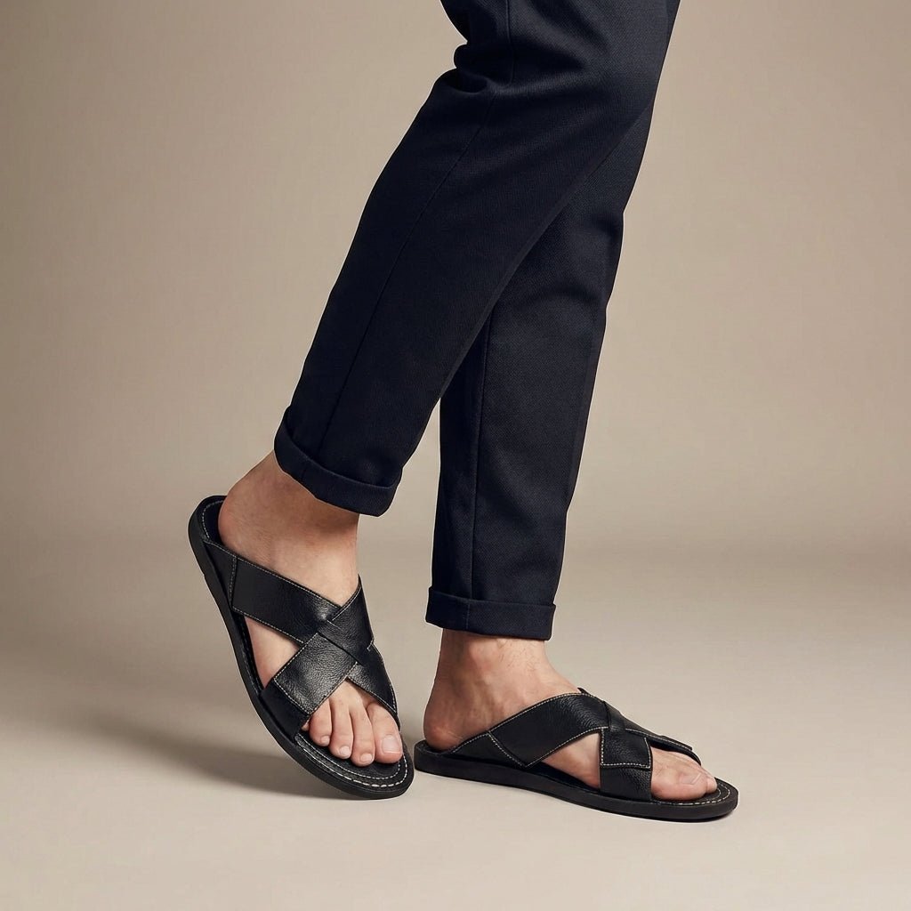 Men's Leather Cross-Strap Slide Sandals