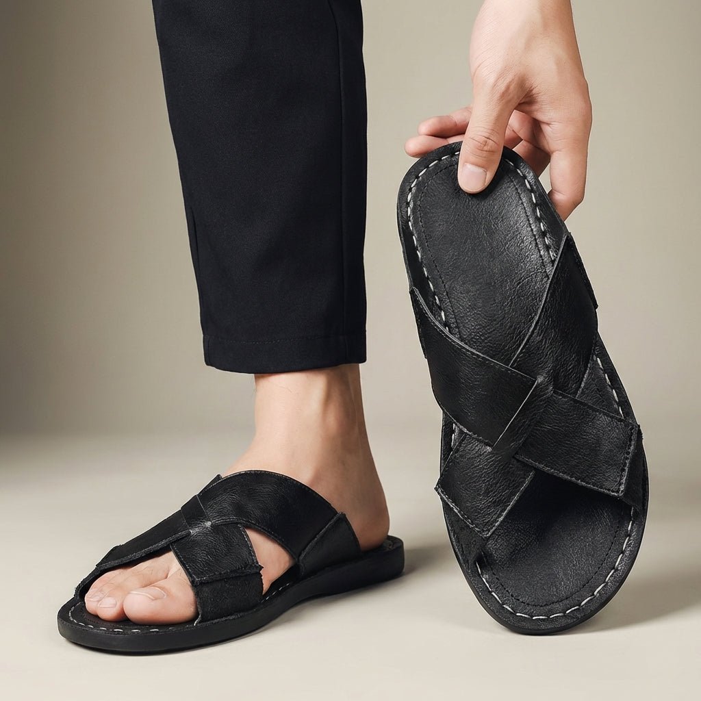 Men's Leather Cross-Strap Slide Sandals