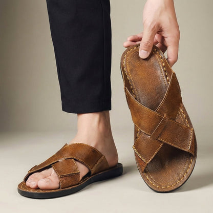 Men's Leather Cross-Strap Slide Sandals