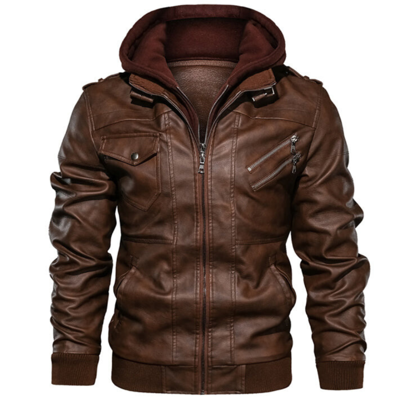 Men's Leather Hooded Jacket with Lining