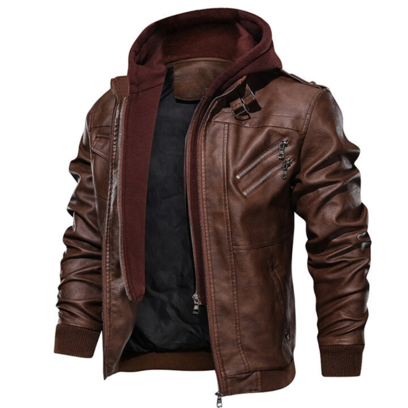 Men's Leather Hooded Jacket with Lining