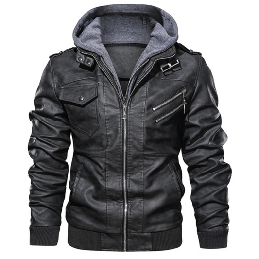 Men's Leather Hooded Jacket with Lining