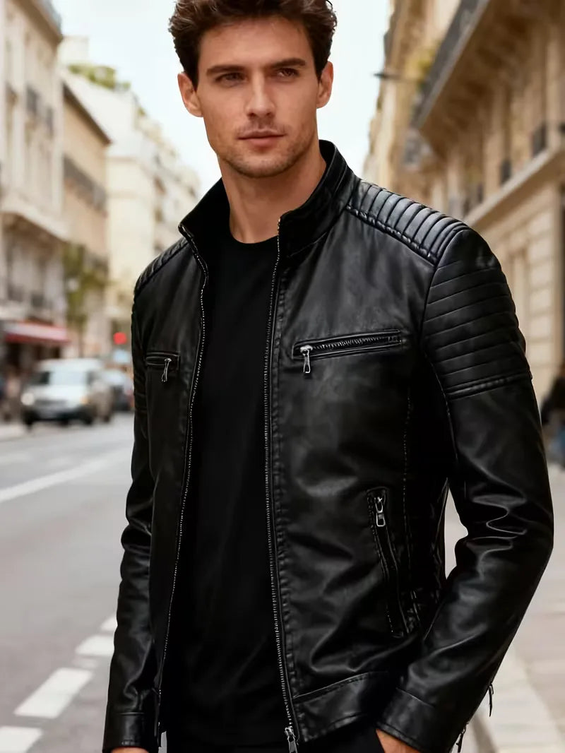 Men's Leather Jacket with Quilted Shoulders