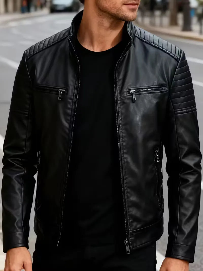 Men's Leather Jacket with Quilted Shoulders