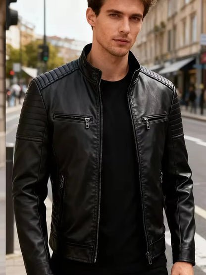 Men's Leather Jacket with Quilted Shoulders