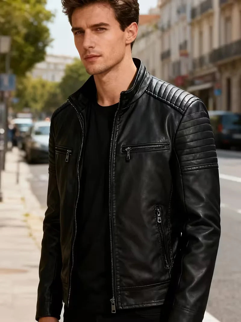 Men's Leather Jacket with Quilted Shoulders