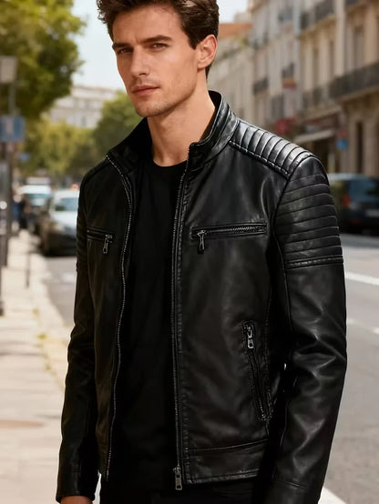 Men's Leather Jacket with Quilted Shoulders