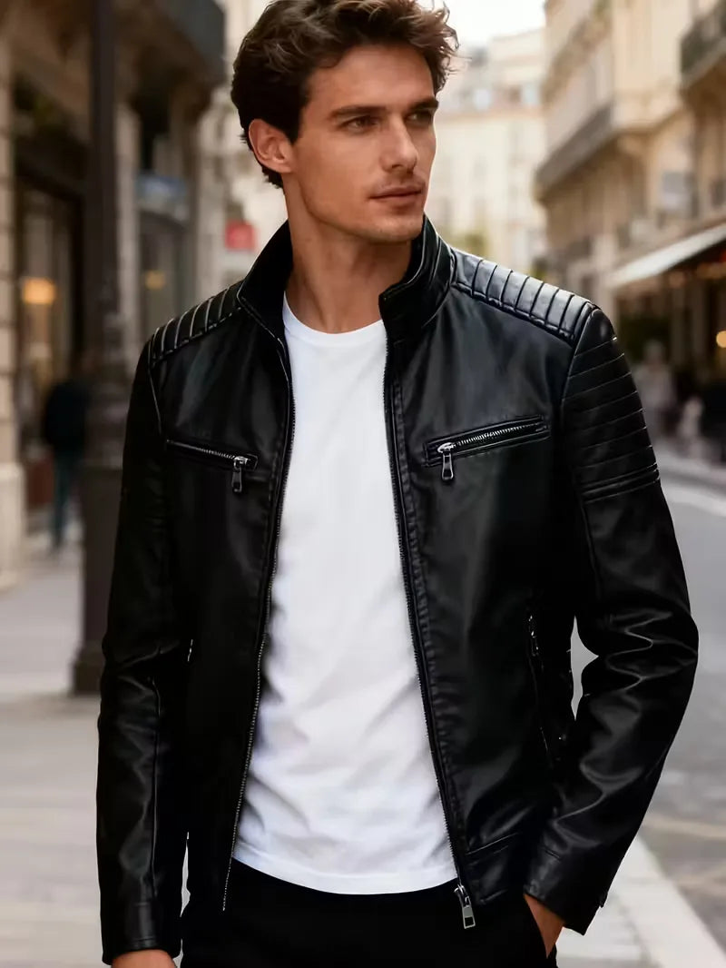 Men's Leather Jacket with Quilted Shoulders