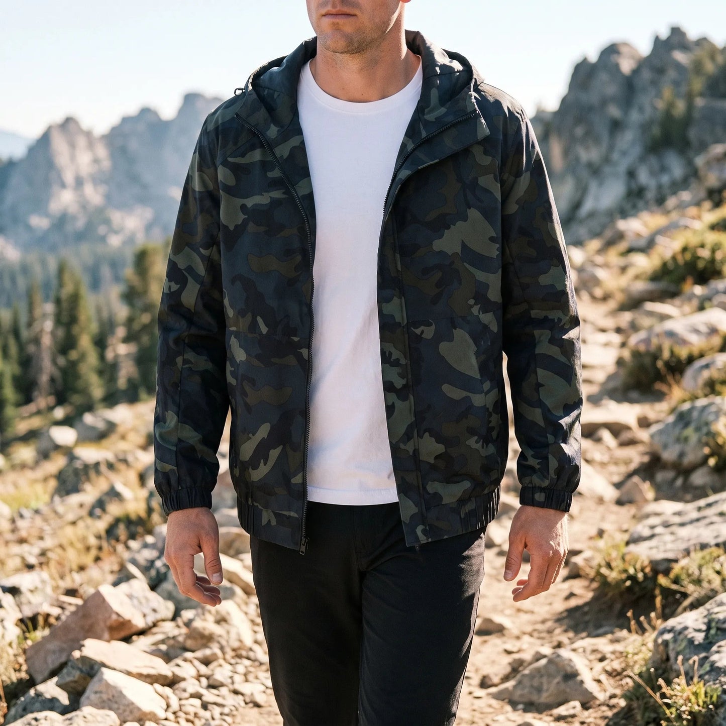 Men's Lightweight Hooded Raincoat with Camouflage Print