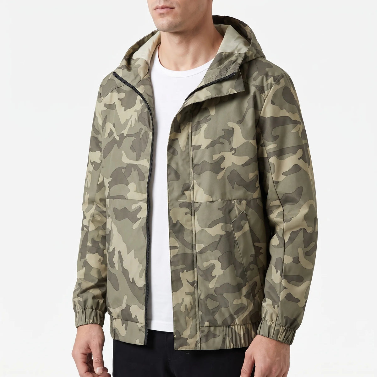 Men's Lightweight Hooded Raincoat with Camouflage Print