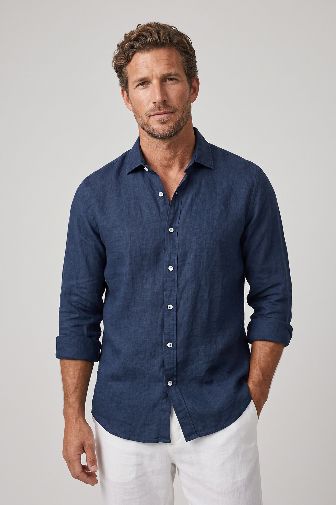 Men's Linen Regular Fit Long Sleeve Shirt with Open Collar