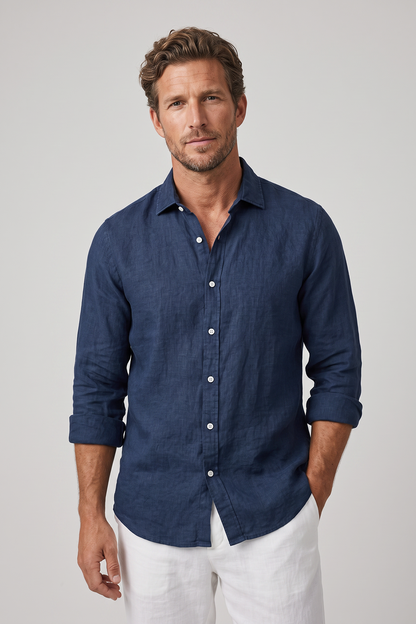 Men's Linen Regular Fit Long Sleeve Shirt with Open Collar