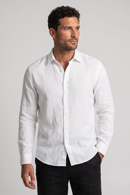Men's Linen Regular Fit Long Sleeve Shirt with Open Collar