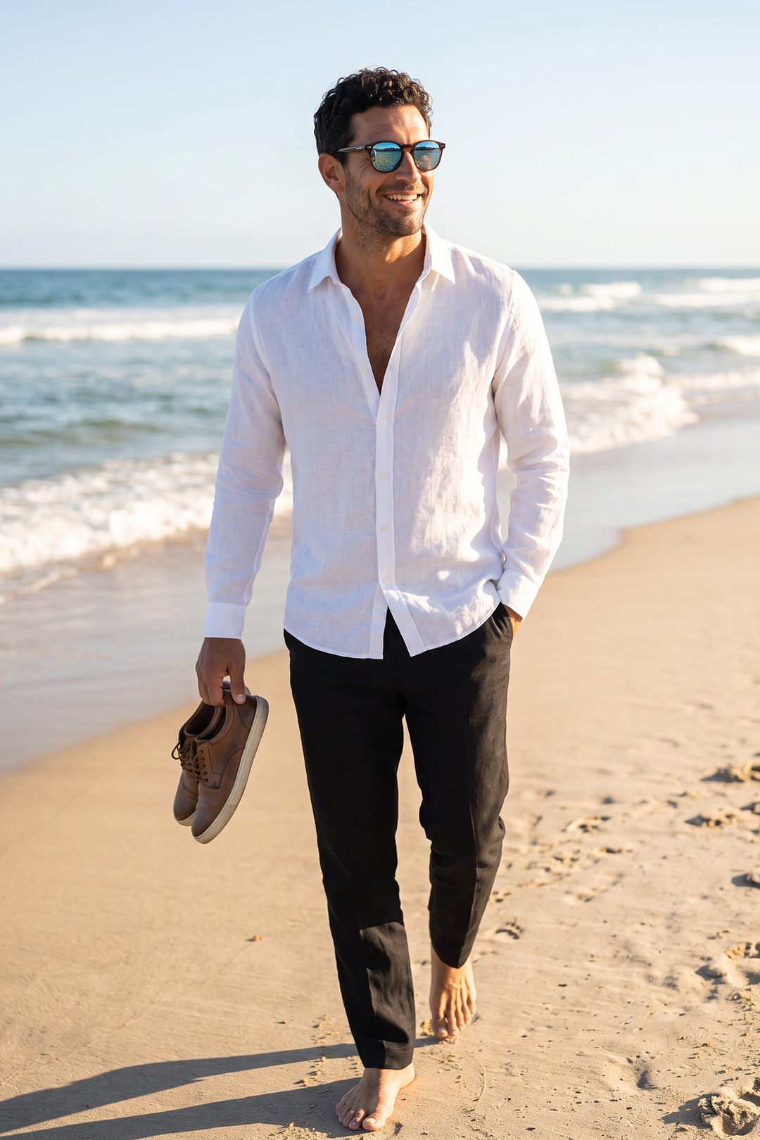 Men's Linen Regular Fit Long Sleeve Shirt with Open Collar