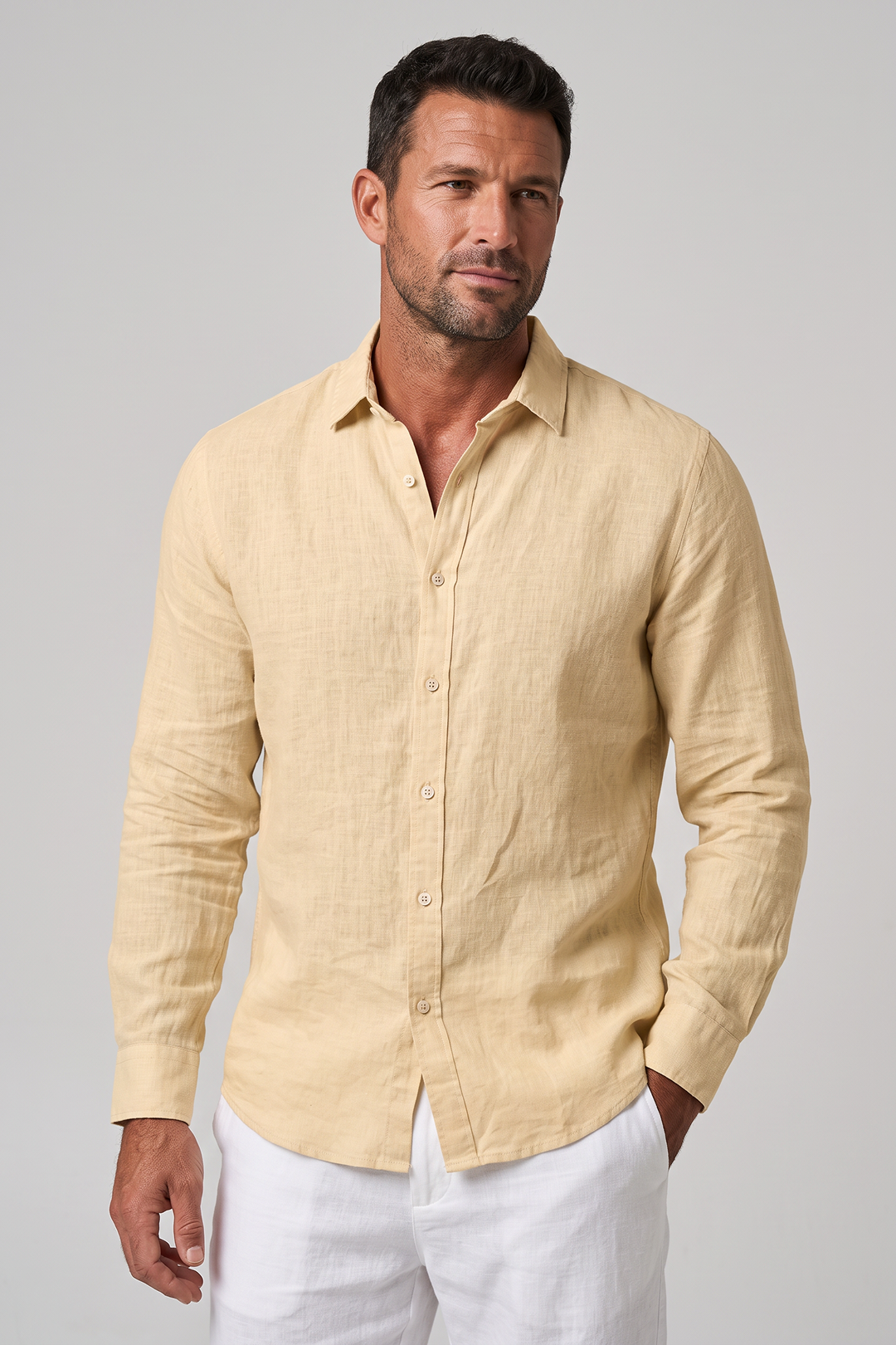 Men's Linen Regular Fit Long Sleeve Shirt with Open Collar