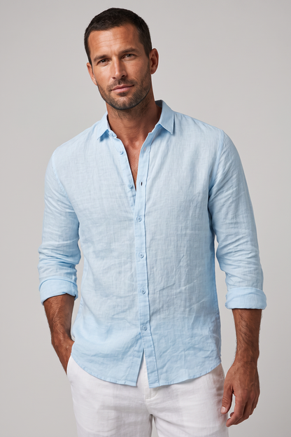 Men's Linen Regular Fit Long Sleeve Shirt with Open Collar