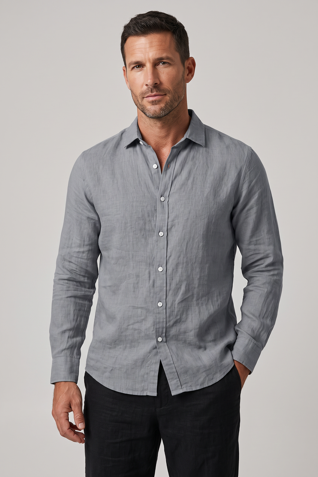 Men's Linen Regular Fit Long Sleeve Shirt with Open Collar