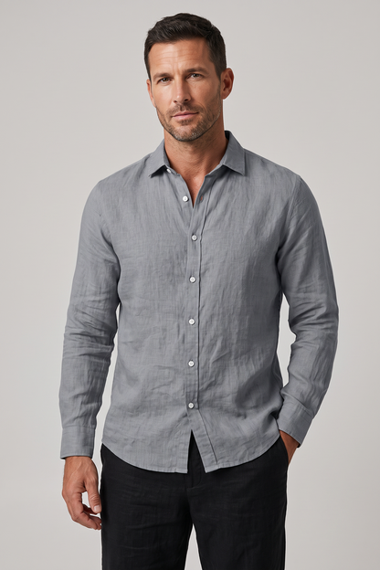 Men's Linen Regular Fit Long Sleeve Shirt with Open Collar