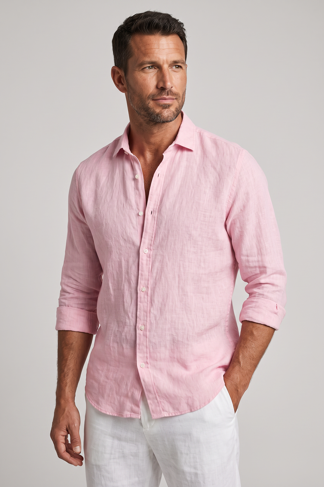 Men's Linen Regular Fit Long Sleeve Shirt with Open Collar