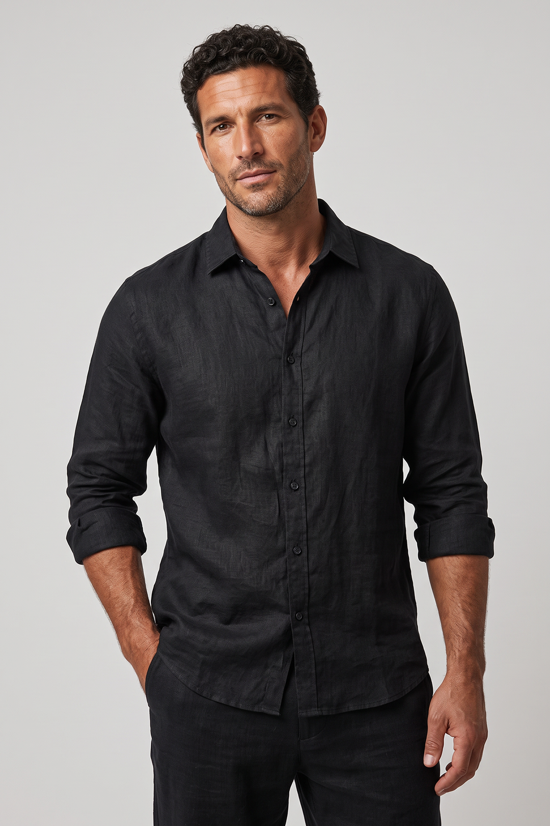 Men's Linen Regular Fit Long Sleeve Shirt with Open Collar