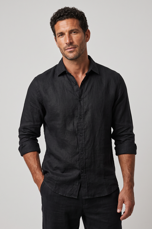 Men's Linen Regular Fit Long Sleeve Shirt with Open Collar
