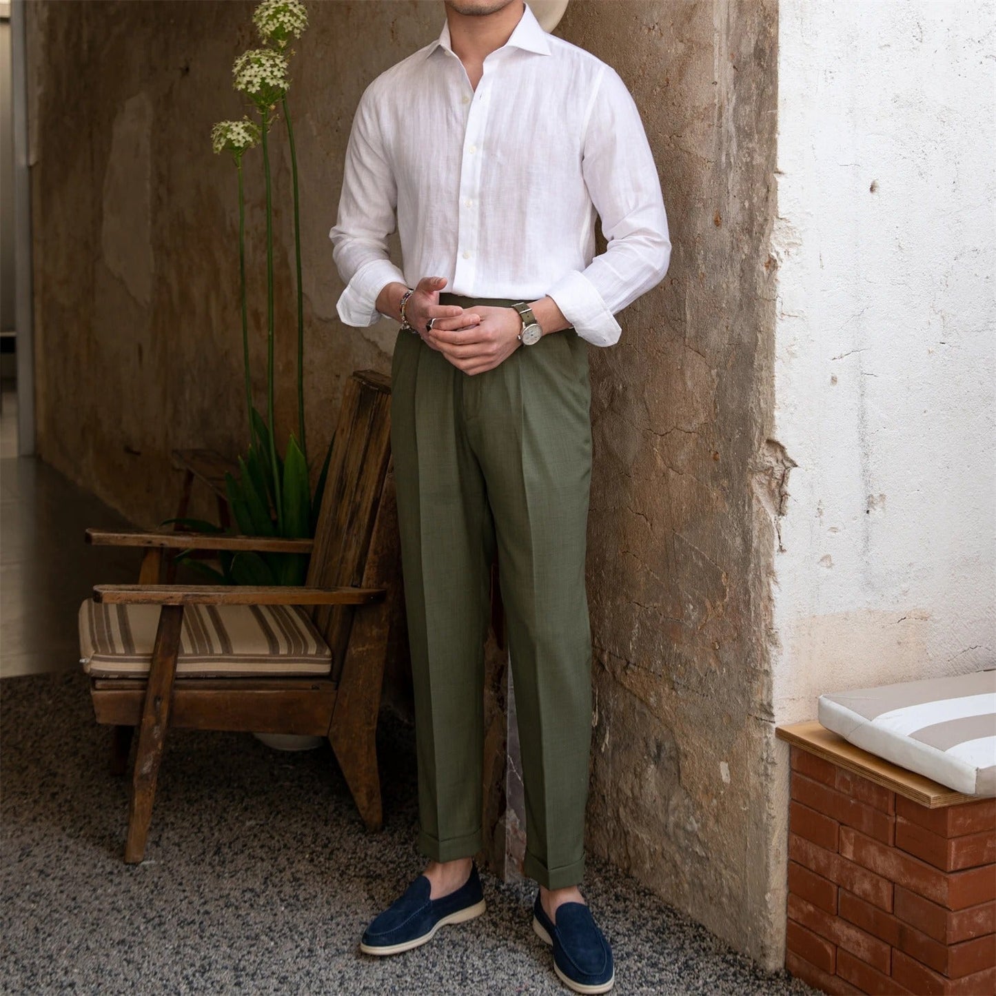 Men's Linen Shirt with Spread Collar