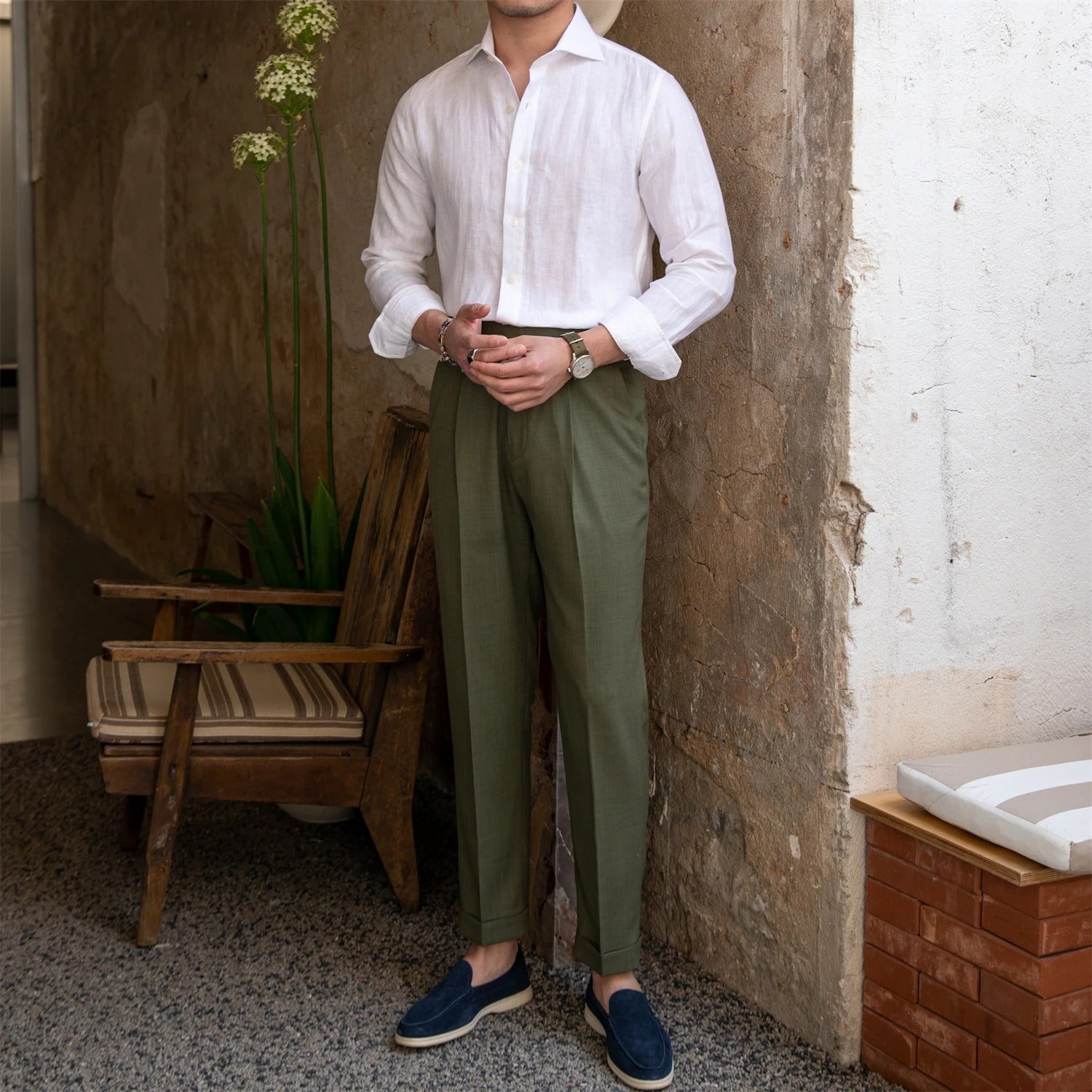 Men's Linen Shirt with Spread Collar