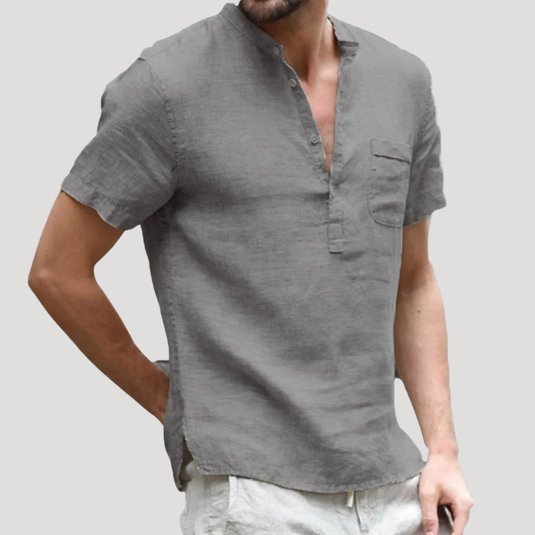 Men's Linen Short Sleeve Shirt with Stand-Up Collar