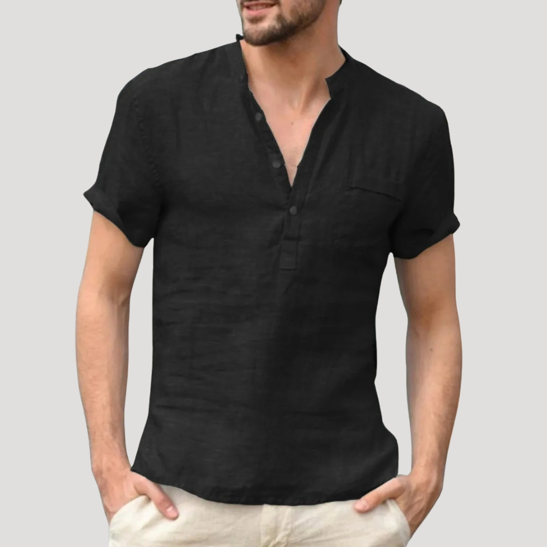 Men's Linen Short Sleeve Shirt with Stand-Up Collar