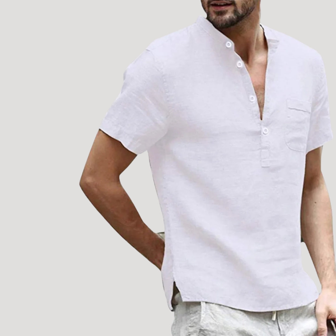 Men's Linen Short Sleeve Shirt with Stand-Up Collar
