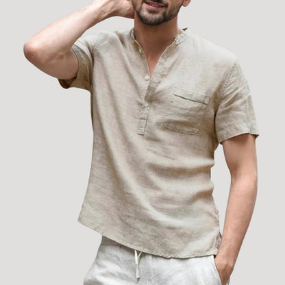 Men's Linen Short Sleeve Shirt with Stand-Up Collar