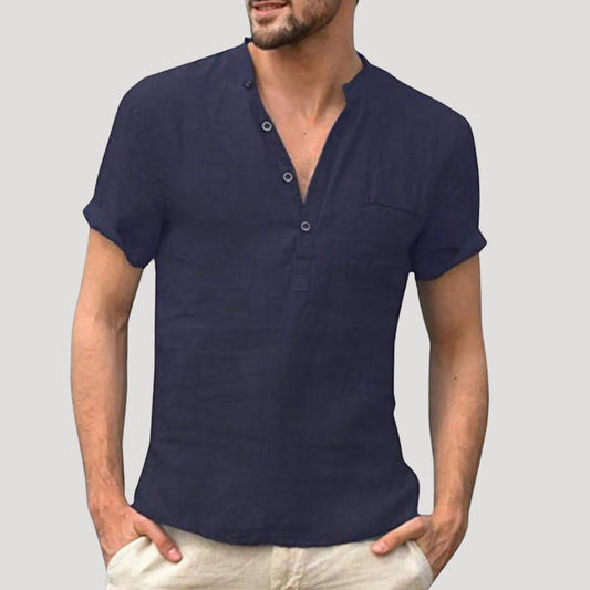Men's Linen Short Sleeve Shirt with Stand-Up Collar