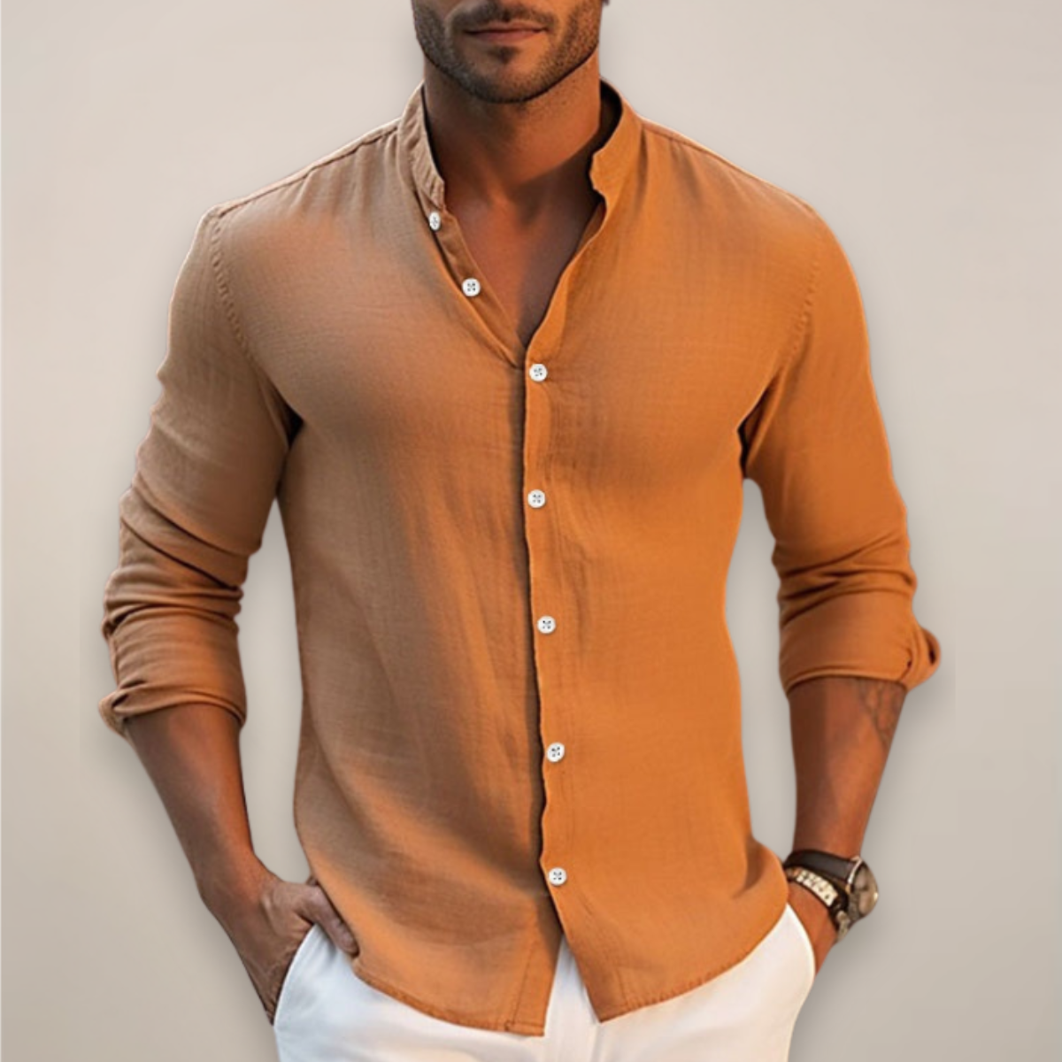 Men's Long Sleeve Band Collar Shirt