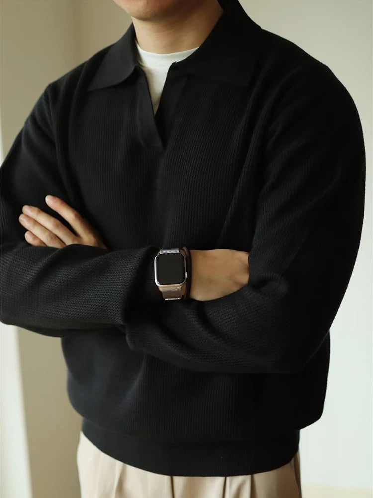 Men's Long Sleeve Polo Shirt - Modern Knitted Elegance