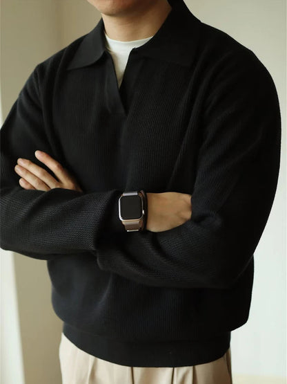 Men's Long Sleeve Polo Shirt - Modern Knitted Elegance