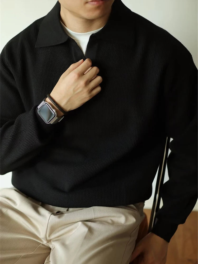 Men's Long Sleeve Polo Shirt - Modern Knitted Elegance