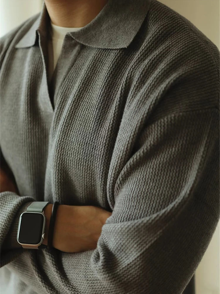 Men's Long Sleeve Polo Shirt - Modern Knitted Elegance