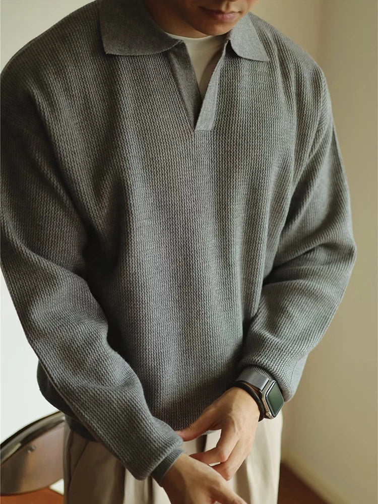 Men's Long Sleeve Polo Shirt - Modern Knitted Elegance