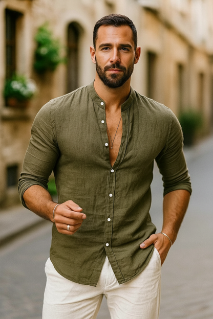 Men's Long Sleeve Shirt with Henley Collar
