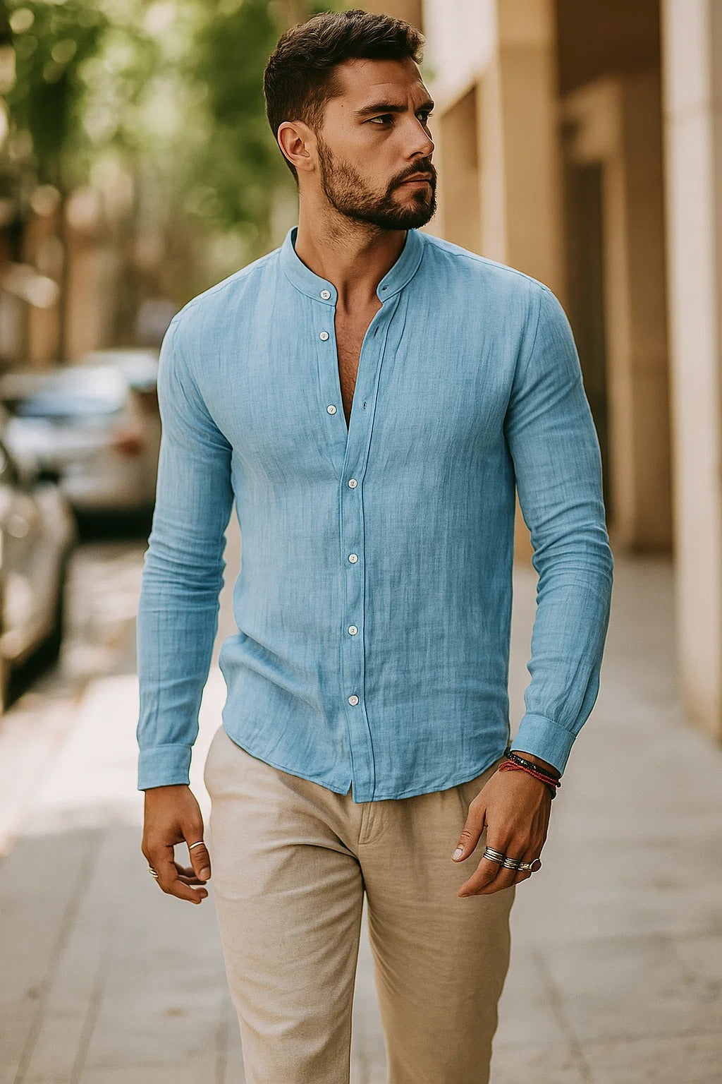 Men's Long Sleeve Shirt with Henley Collar