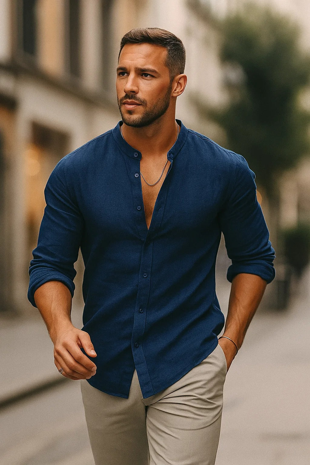 Men's Long Sleeve Shirt with Henley Collar