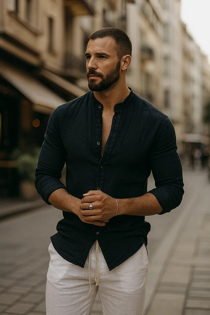 Men's Long Sleeve Shirt with Henley Collar