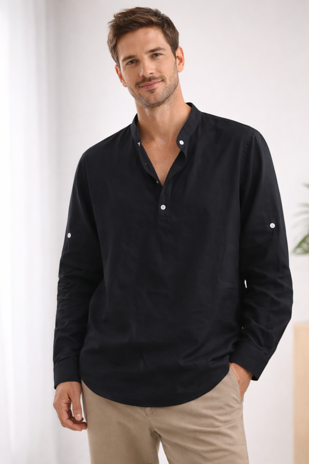 Men's Long Sleeve Shirt with Stand-Up Collar