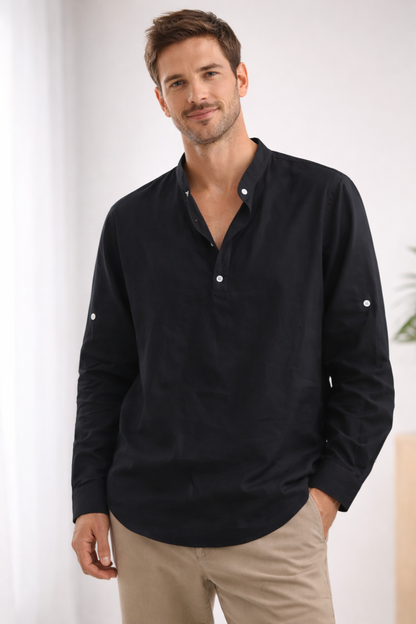 Men's Long-Sleeved Henley Shirt with Band Collar