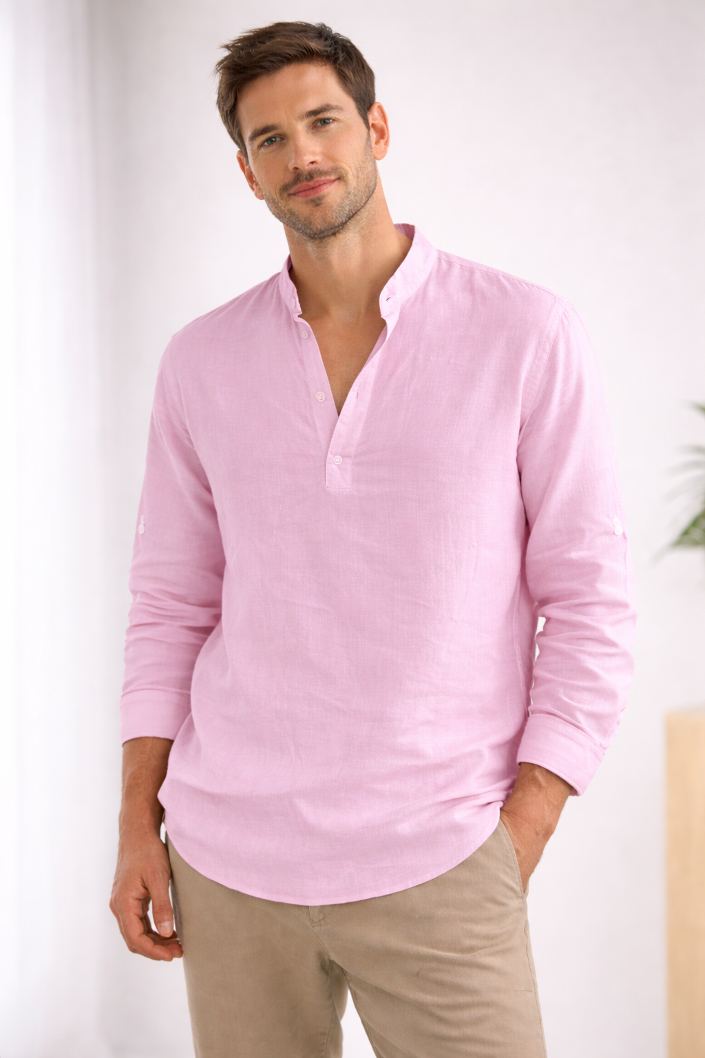 Men's Long-Sleeved Henley Shirt with Band Collar