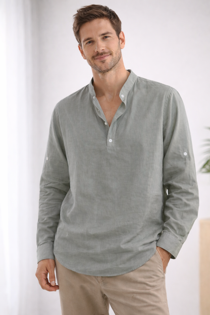 Men's Long-Sleeved Henley Shirt with Band Collar