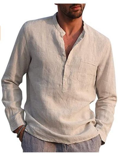 Men's Long-Sleeved V-Neck Shirt with Chest Pocket