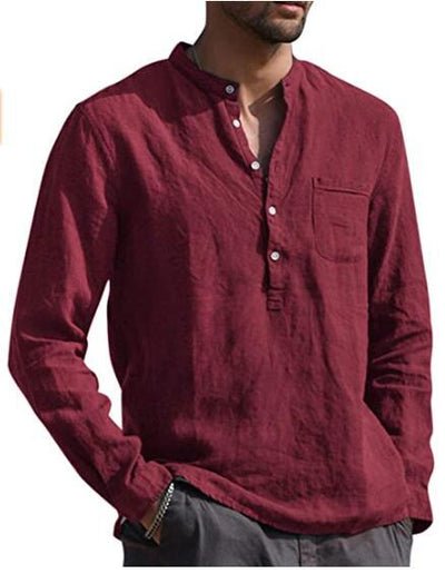 Men's Long-Sleeved V-Neck Shirt with Chest Pocket